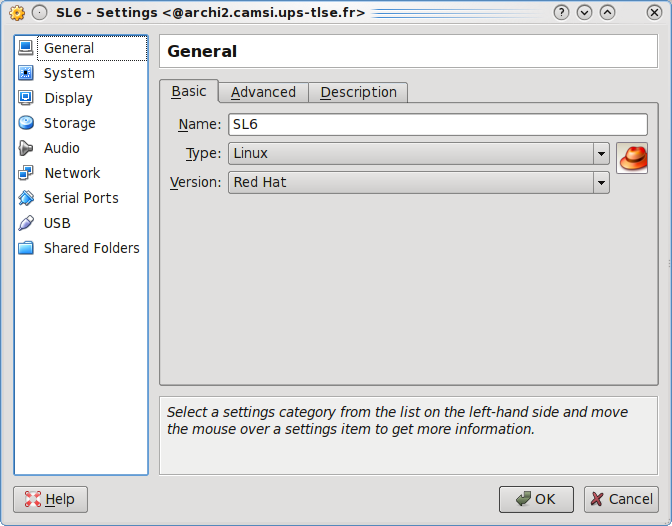 Settings of the newly created VM